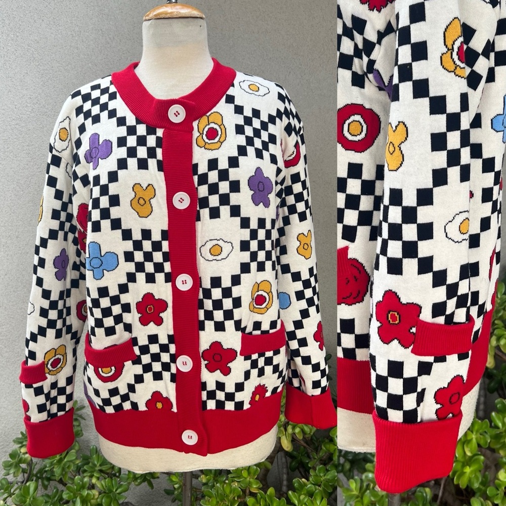 Kina & Tam cardigan sweater floral & geometric print thick cotton Sz M